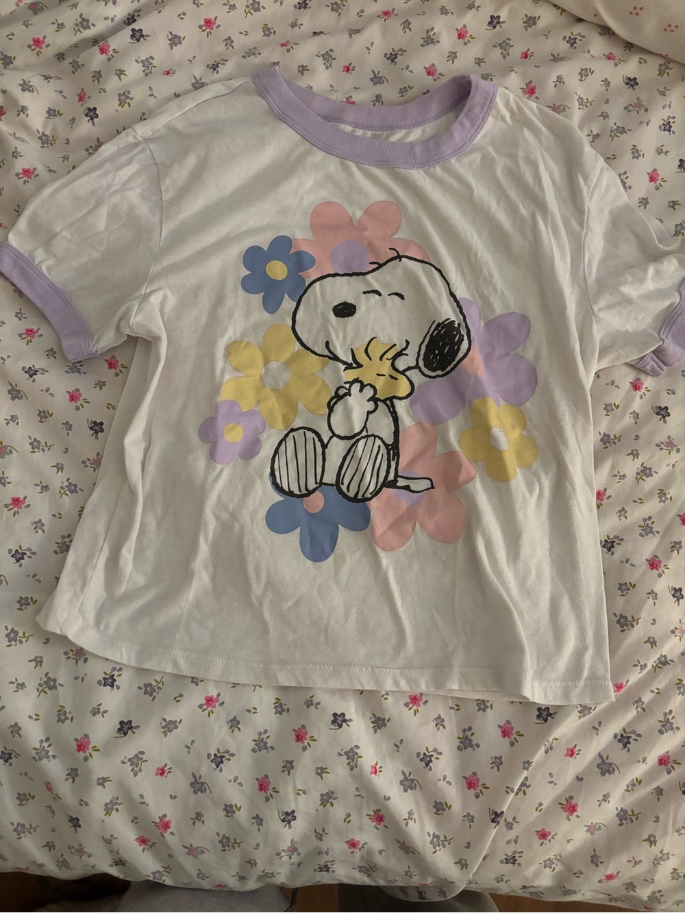Peanuts White Snoopy & Woodstock Floral Ringer Tee with Lavender Trim